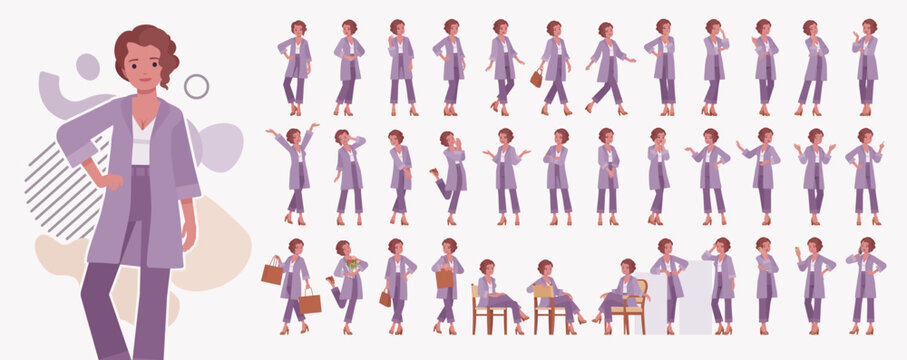 Attractive business woman, purple blouse character set, beautiful lady poses bundle. Active lifestyle of modern self-sufficient girl showing female confidence and beauty. Vector illustration