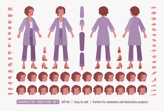 Attractive business woman, purple blouse DIY character creation set, beautiful female model body figure parts. Head, leg, hand gestures, different emotions, construction kit. Vector illustration