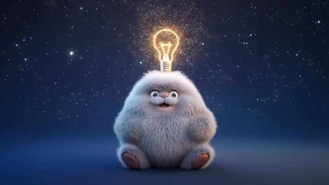 A cartoon yeti with a glowing light bulb above its head, surrounded by stars in a dark blue night sky, viewed from the front