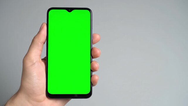 Hand holding smartphone with green screen for customizable content display