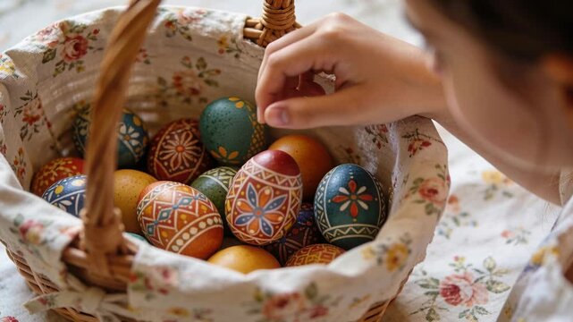 Reaching girl in light top lifting and rotating patterned egg at home inspecting with wicker basket