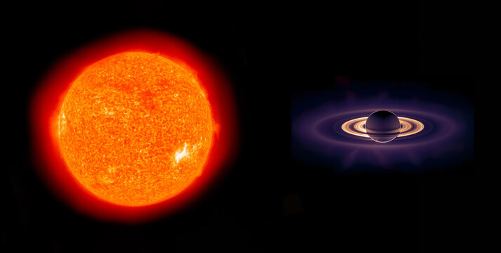 Sun and Saturn planet comparison isolated on black background. A comparative astronomical concept of the solar system. Elements of this image furnished by NASA.