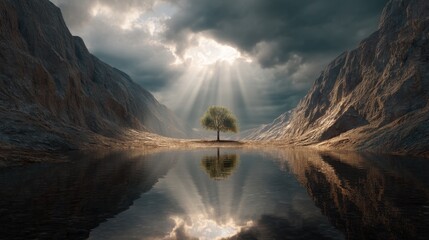 Naklejka premium Single tree in a valley by a lake with sun rays shining through stormy clouds. Nature landscape. Hope and spirituality concept.