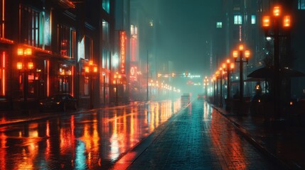 Obraz premium Night street in city with neon lights reflecting on wet road. Cyberpunk backdrop for urban nightlife illustration.