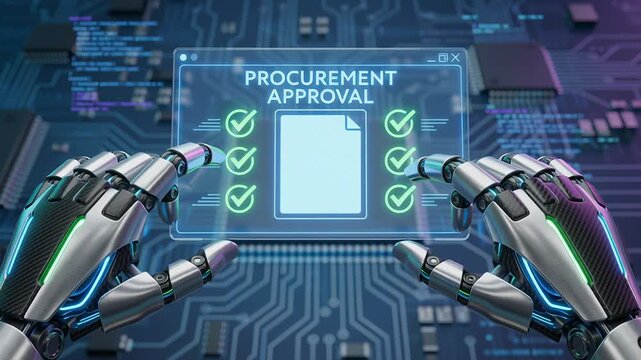 Digital procurement deals contract management invoice document approval with robotic hands managing approval process futuristic technology interface