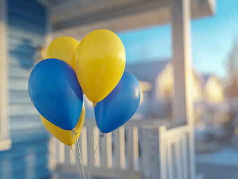 Bright yellow and blue balloons tied together with strings creating a vibrant decoration against a blurred outdoor background of a porch and neighborhood houses duri