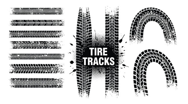 Tire tracks and tread patterns on white background for design elements