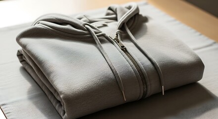 Neatly Folded Gray Hoodie with Zipper Partially Open, Close-up High-Angle Shot on Textured Gray Surface, Soft Fabric Detail, Clean Organized Presentation, Apparel Mockup