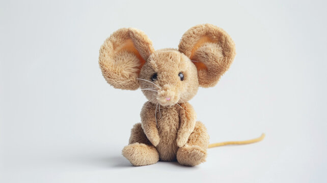 Adorable brown mouse plush toy with big round ears and whiskers isolated on white, a charming gift for kids and lifestyle.