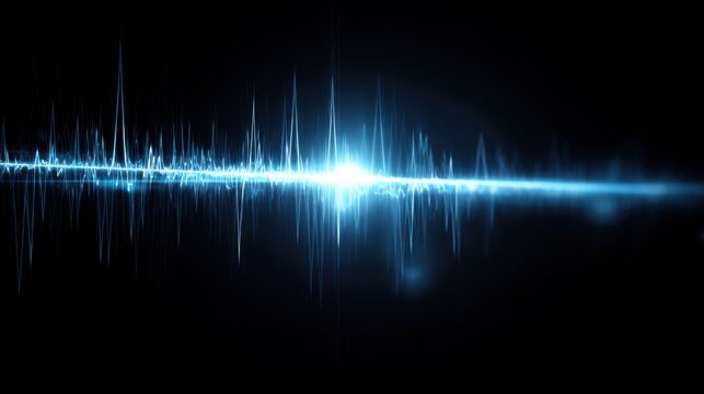 Dynamic blue sound wave visualizer with bright central pulse against a dark backdrop