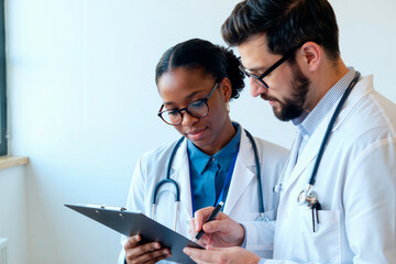 Naklejka premium Black young adult woman and Caucasian young adult man doctors reviewing medical chart together, both wearing stethoscopes and glasses, collaborating in clinical setting