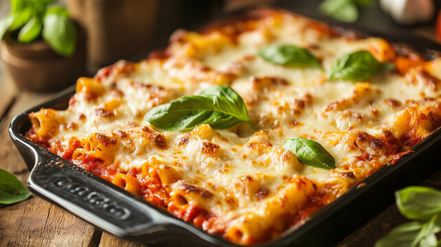 Delicious baked ziti with bubbly golden-brown mozzarella, rich marinara sauce, and fresh basil leaves, a comforting and classic dish for food lifestyle photography.