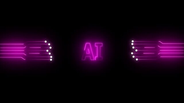 Glowing pink neon AI circuit board background. Computer motherboard with a chip, Processor with artificial intelligence AI. technology circuit board with ai text icon animation on black background.
