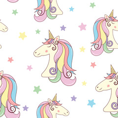 Unicorn head with stars seamless pattern. Pastel background. Vector kids texture. For textile, notebook, child nursery design, wallpaper, scrapbooking