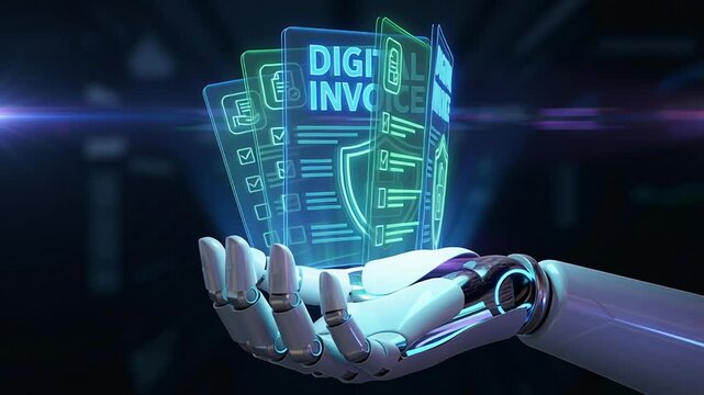 Digital procurement deals contract management with secure digital invoice document by robotic hand showcasing futuristic technology concept