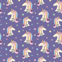 Unicorn head with stars seamless pattern. Pastel background. Vector kids purple texture. For textile, notebook, child nursery design, wallpaper, scrapbooking