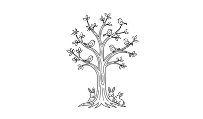 Minimal magic tree with rabbits and birds line art vector illustration © ema
