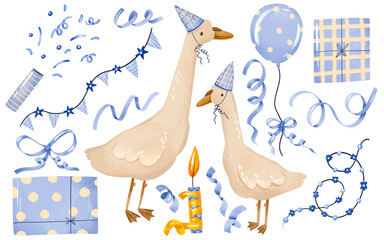 Hand drawn geese birthday party illustration with gifts balloons and decorations perfect for greeting cards nursery prints stickers and baby shower designs. © Ilona