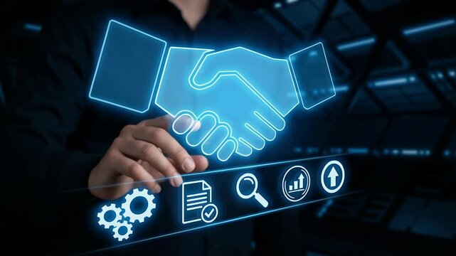 Digital procurement deals contract management invoice document icons and glowing handshake symbolize business success partnership futuristic interface