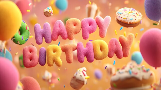 A colorful 3D illustration of the words 'Happy Birthday' surrounded by floating donuts and balloons