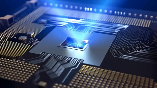 High Tech Computer Processor Microchip on Motherboard Blue Glow