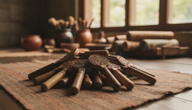 Collection of traditional Javanese batik stamps made of wood, essential tools for cultural textile art creation