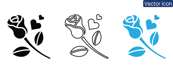 Fototapeta premium Stylish rose icon set with hearts in black, white, and blue