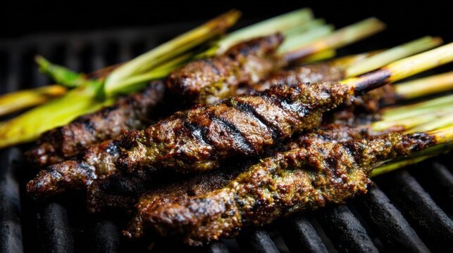Close-up of Sate Lilit minced meat satay molded on skewers, grilled to perfection on a barbecue grill, showcasing enticing char marks