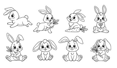 Obraz premium Funny bunnies hand drawn coloring book vector set on white background
