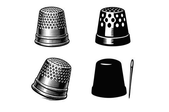 Black and white thimble illustrations with needle