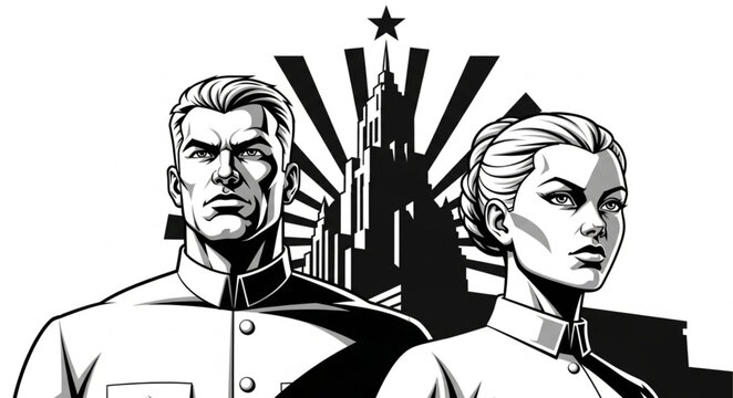 Stern portraits of determined man and woman, classic comic book style, monochrome.