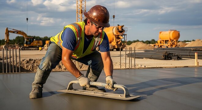 Construction worker leveling concrete surface on a sunny day