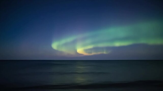 Ethereal aurora borealis dances across a dark night sky over a calm sea