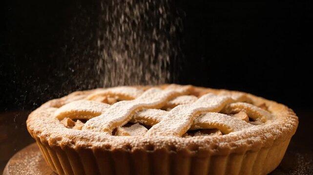 A lattice-topped pie is dusted with powdered sugar as flour falls from above, creating a dynamic, repetitive pattern against a dark background.