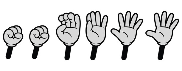 Fototapeta premium Comic hands numbers gestures, cartoon finger counting signs, hand numbers comic book hands in glove one two three four fingers gesture vector symbols, bold outline and flat 