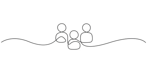 Continuous line drawing of a group of people for teamwork and unity concepts Minimalist one line art of three person silhouettes for community and family © MD