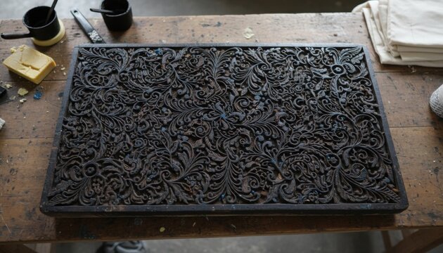 Intricately Carved Dark Wooden Batik Stamp with Ornate Floral Patterns