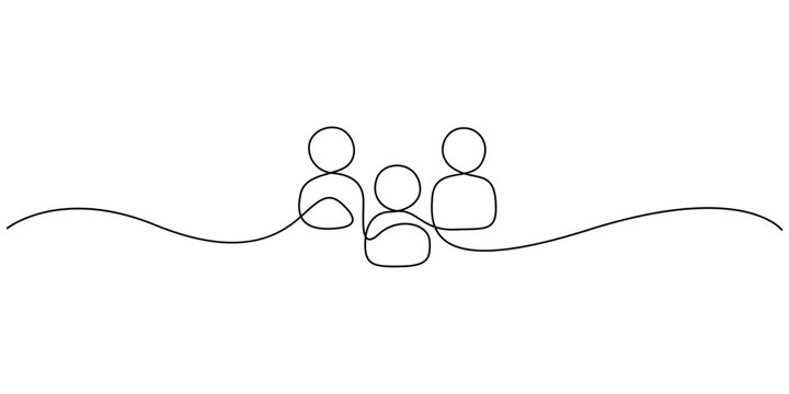 Continuous line drawing of a group of people for teamwork and unity concepts Minimalist one line art of three person silhouettes for community and family
