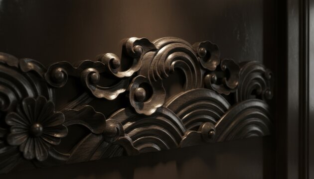 Intricate polished ebony wood carving featuring traditional wave patterns, showcasing fine craftsmanship and decorative artistry.