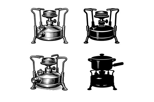 Vintage camping kerosene stoves and cookware graphic collection