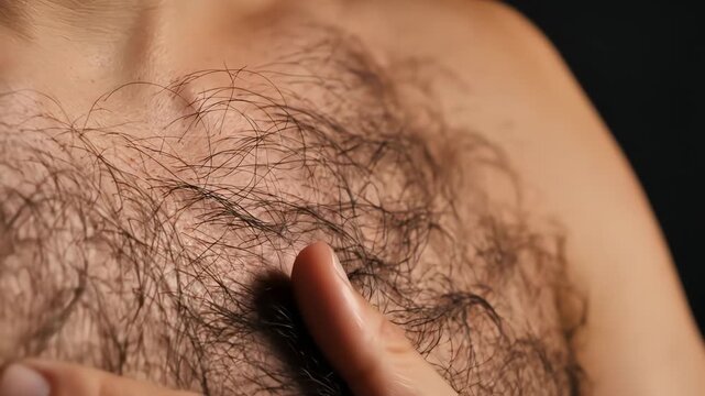 Close-up of a man's hairy chest with fingers touching the dark, coarse chest hair against a dark background