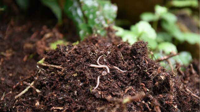 Close-up of rich composted soil teeming with organic life and earthworms in a garden setting