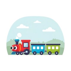 Naklejka premium Colorful cartoon train on green landscape.