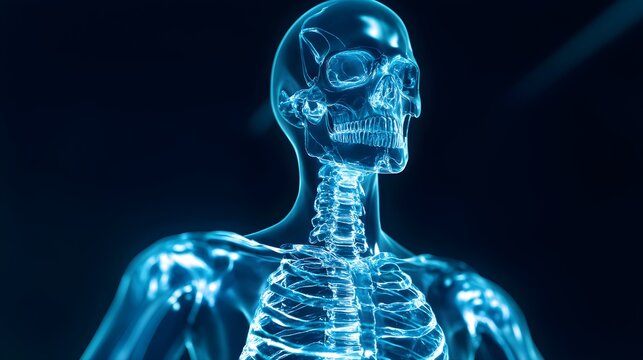 Blue glowing human skeleton 3 D render anatomy