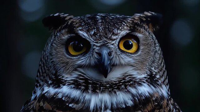 Intense gaze of a wise owl with striking yellow eyes in a dark forest.