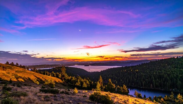 Espectacular atardecer sobre un valle monta&ntilde;oso con densos bosques de pinos y un lago sereno bajo un cielo de colores p&uacute;rpuras y naranjas vibrantes.