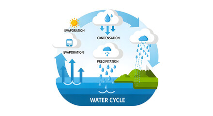 Obraz premium Visual representation of Earth's vital hydrological cycle, illustrating key stages of water transformation evaporation, cloud formation, and precipitation returning water to the surface