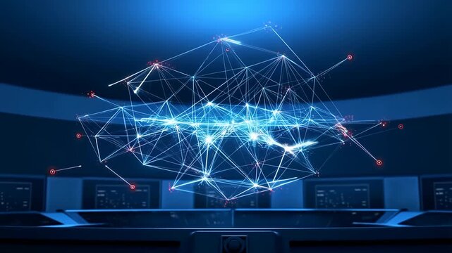 Abstract digital network visualization with glowing blue lines and connected nodes in a futuristic data control room environment.