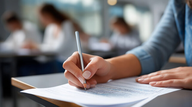 Faceless students taking exam in classroom showing education test and literacy concept cropped shot focusing on hand detail fingers gripping pencil answer sheet with bubbled res