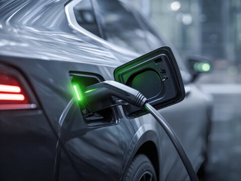 Modern electric vehicle being charged at a sleek charging station, highlighting the advancement of clean transportation technology in a contemporary urban environment